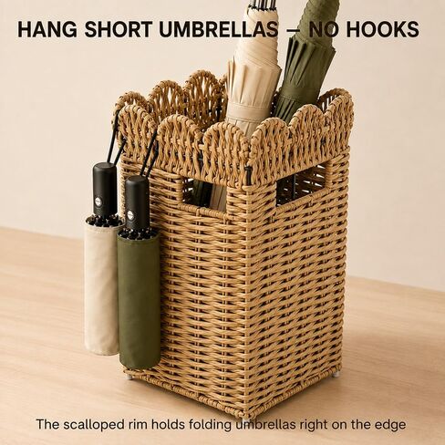 AceList Woven Umbrella Holder for Entryway, Rattan Umbrella Stand for Indoor Foyer with Removable Drip Tray, Scalloped Cane Holder Basket for Walking Sticks & Front Door, Farmhouse Decor, 16.5" Tall in Kuwait