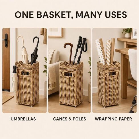 AceList Woven Umbrella Holder for Entryway, Rattan Umbrella Stand for Indoor Foyer with Removable Drip Tray, Scalloped Cane Holder Basket for Walking Sticks & Front Door, Farmhouse Decor, 16.5" Tall in Kuwait