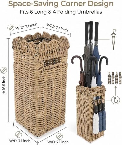 AceList Woven Umbrella Holder for Entryway, Rattan Umbrella Stand for Indoor Foyer with Removable Drip Tray, Scalloped Cane Holder Basket for Walking Sticks & Front Door, Farmhouse Decor, 16.5" Tall in Kuwait
