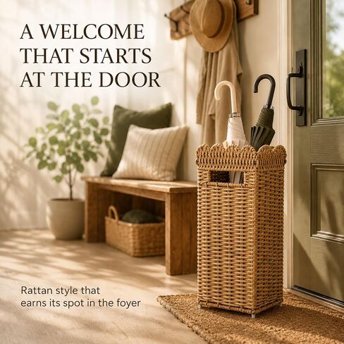 AceList Woven Umbrella Holder for Entryway, Rattan Umbrella Stand for Indoor Foyer with Removable Drip Tray, Scalloped Cane Holder Basket for Walking Sticks & Front Door, Farmhouse Decor, 16.5" Tall in Kuwait