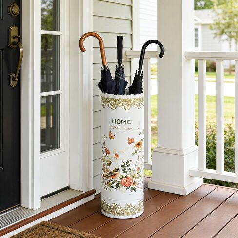 Vintage Metal Round Umbrella Holder Decorative Flower Design Umbrella Stands Entryway Organizer Bucket for Home/Office/Farmhouse - Holds Multiple Umbrellas, Walking Sticks & Canes Flower White in Saudi Arabia