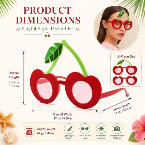 LOGOFUN 2PCS نظارات حزب الكرز مضحك الفاكهة على شكل النظارات الشمسية هاواي شاطئ لوا صور بوث الدعائم لفصل الصيف عطلة بركة عطلة زي خلع الملابس in Kuwait