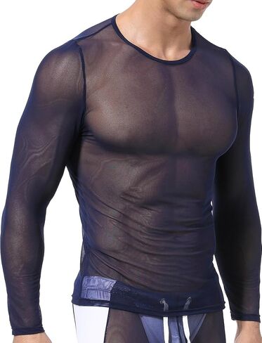 SEAUR Mens Sheer Mesh T Shirt See Through Long Sleeves Muscle Tee Tops Breathable Transparent Workout Undershirt Clubwear in Kuwait