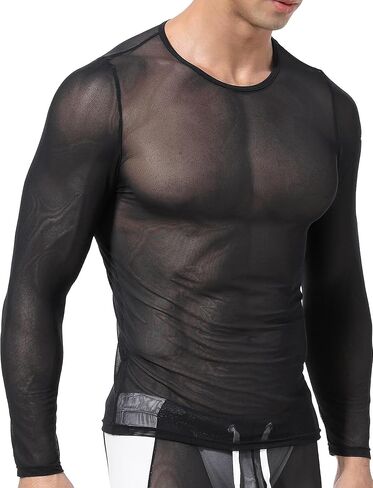 SEAUR Mens Sheer Mesh T Shirt See Through Long Sleeves Muscle Tee Tops Breathable Transparent Workout Undershirt Clubwear in Kuwait
