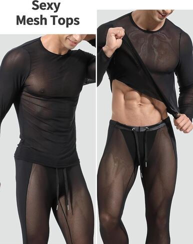 SEAUR Mens Sheer Mesh T Shirt See Through Long Sleeves Muscle Tee Tops Breathable Transparent Workout Undershirt Clubwear in Kuwait
