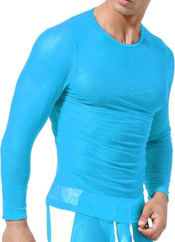 SEAUR Mens Sheer Mesh T Shirt See Through Long Sleeves Muscle Tee Tops Breathable Transparent Workout Undershirt Clubwear in Kuwait