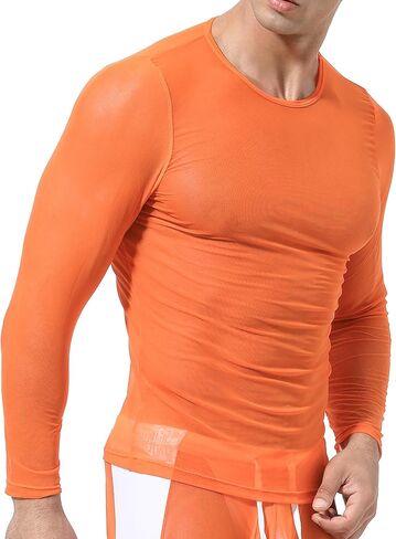 SEAUR Mens Sheer Mesh T Shirt See Through Long Sleeves Muscle Tee Tops Breathable Transparent Workout Undershirt Clubwear in Kuwait