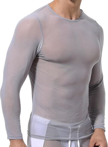 SEAUR Mens Sheer Mesh T Shirt See Through Long Sleeves Muscle Tee Tops Breathable Transparent Workout Undershirt Clubwear in Kuwait
