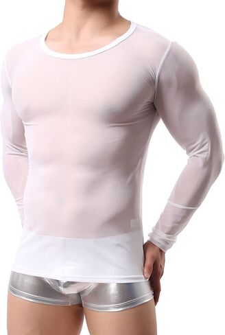 Men's Sexy Mesh Transparent T-Shirt Long Sleeve Round Neck Undershirt in Kuwait
