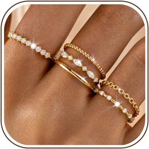 thunaraz 14k خواتم مطلية بالذهب للنساء غير تشويه تكويم خواتم الإبهام مجموعة لذيذ مكعب زركونيا خاتم الزفاف كومة الحد الأدنى العصرية بيان الخطبة وعد سلسلة حلقة التراص حجم 5-10 in Kuwait