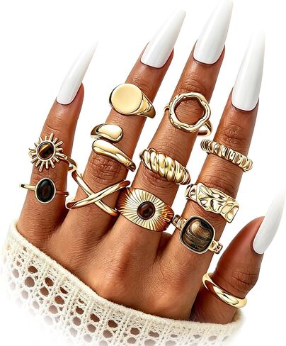 15 Pcs Chunky Gold Rings for Women, Stackable Statement Rings Pack, Gold Baroque Pearl Rings Open Adjustable Stacking Knuckles Rings Set, Trendy Stuff Jewelry Gift in Saudi Arabia