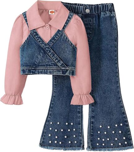 4-8T Girl 3 Piece Denim Outfit Set Long Sleeve Shirt with Denim Vest & Pearl - Embellished Flared Jeans Girls Fall Clothes in Saudi Arabia