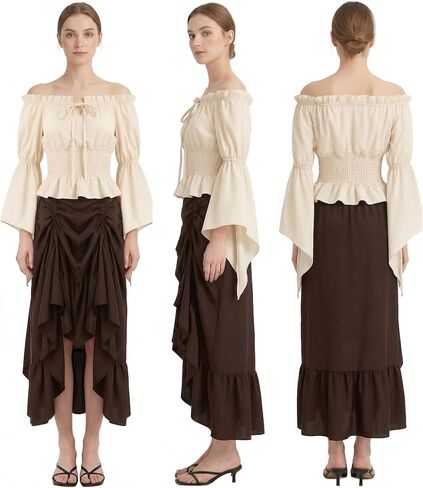 9 PCS Pirate Costume Women Set, Off-Shoulder Top Drawstring Skirt with Corset, Renaissance Halloween Outfit in Saudi Arabia