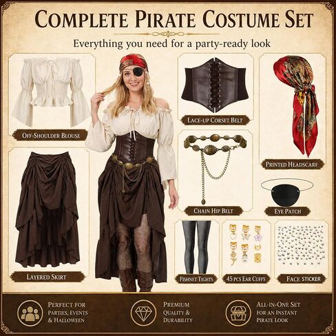 9 PCS Pirate Costume Women Set, Off-Shoulder Top Drawstring Skirt with Corset, Renaissance Halloween Outfit in Saudi Arabia