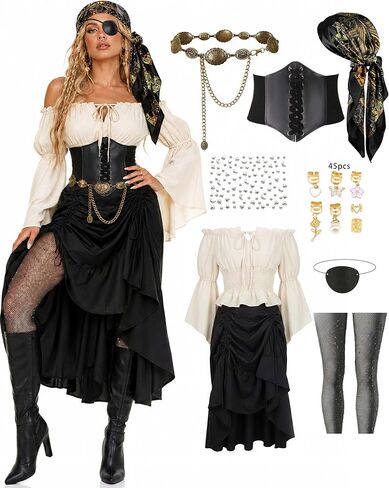 9 PCS Pirate Costume Women Set, Off-Shoulder Top Drawstring Skirt with Corset, Renaissance Halloween Outfit in Saudi Arabia