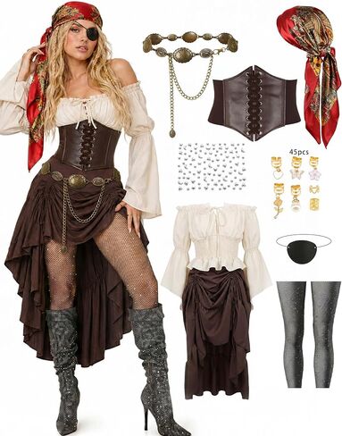 9 PCS Pirate Costume Women Set, Off-Shoulder Top Drawstring Skirt with Corset, Renaissance Halloween Outfit in Saudi Arabia