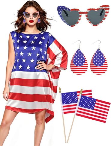 American Flag Dress Set for Women 4th of July Outfit with Sunglasses Earrings Mini Flags Patriotic Costume Accessories for 250th Anniversary Independence Day Memorial Day Celebrations in Kuwait