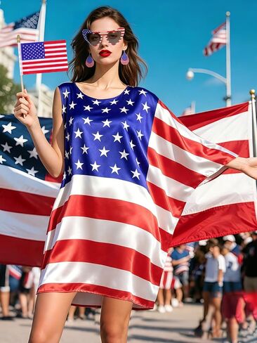 American Flag Dress Set for Women 4th of July Outfit with Sunglasses Earrings Mini Flags Patriotic Costume Accessories for 250th Anniversary Independence Day Memorial Day Celebrations in Kuwait