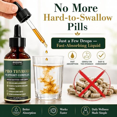 Thyroid Support Drops with Iodine, Selenium, Zinc & Ashwagandha, 2oz | Liquid drops, no pills; iodine, selenium, zinc, B12 & ashwagandha; supports metabolism, energy & focus; vegan & non-GMO in Saudi Arabia