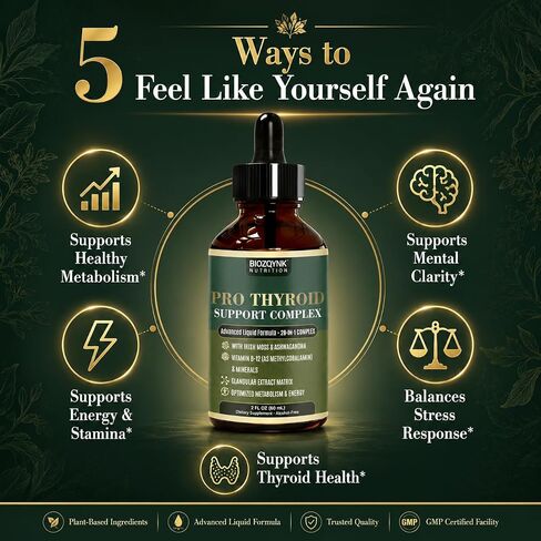 Thyroid Support Drops with Iodine, Selenium, Zinc & Ashwagandha, 2oz | Liquid drops, no pills; iodine, selenium, zinc, B12 & ashwagandha; supports metabolism, energy & focus; vegan & non-GMO in Saudi Arabia