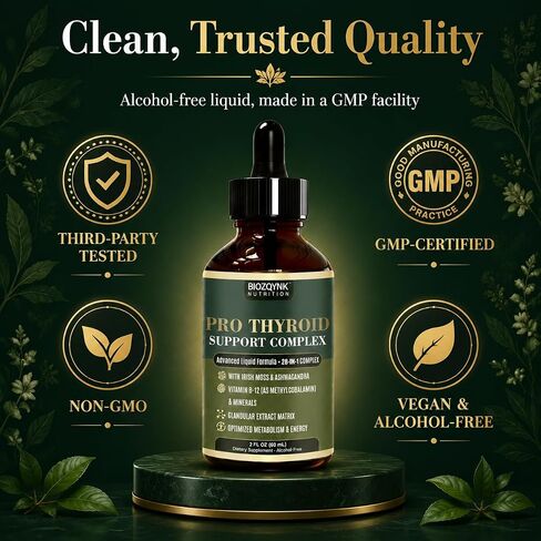 Thyroid Support Drops with Iodine, Selenium, Zinc & Ashwagandha, 2oz | Liquid drops, no pills; iodine, selenium, zinc, B12 & ashwagandha; supports metabolism, energy & focus; vegan & non-GMO in Saudi Arabia