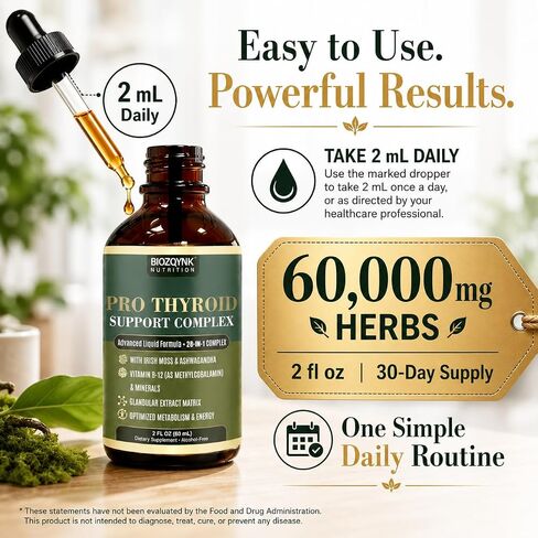 Thyroid Support Drops with Iodine, Selenium, Zinc & Ashwagandha, 2oz | Liquid drops, no pills; iodine, selenium, zinc, B12 & ashwagandha; supports metabolism, energy & focus; vegan & non-GMO in Saudi Arabia