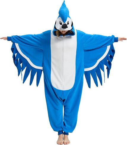 Adult Blue Jay Onesie Pajamas Halloween Animal Bird Costume One-Piece Cartoon Bluebird Cosplay Jumpsuit Women Men in Saudi Arabia