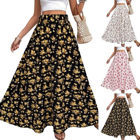 Floral Skirts for Women Trendy Summer Flower Print Dress A Line Skirt Mid Length Tropical Vacation Outfits for Women in Kuwait