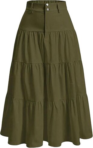 Boho Skirts for Women Summer A-Line Ruffle Elastic High Waist Tiered Flowy Skirts Solid Casual Work Skirt Dress in Saudi Arabia