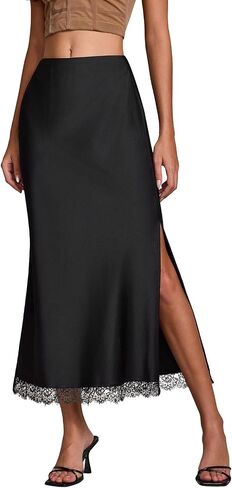Skirts for Women Midi Length Lace Trim High Waisted Split A-Line Skirt Elegant Party Cocktail Outfit in Saudi Arabia