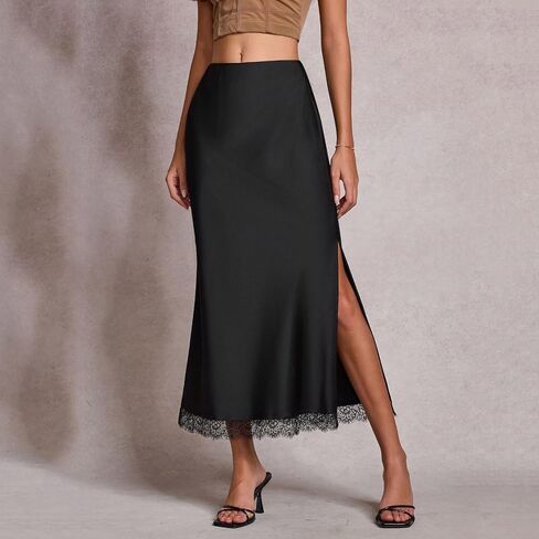 Skirts for Women Midi Length Lace Trim High Waisted Split A-Line Skirt Elegant Party Cocktail Outfit in Saudi Arabia