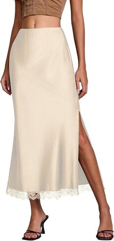 Skirts for Women Midi Length Lace Trim High Waisted Split A-Line Skirt Elegant Party Cocktail Outfit in Saudi Arabia