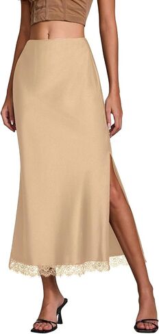 Skirts for Women Midi Length Lace Trim High Waisted Split A-Line Skirt Elegant Party Cocktail Outfit in Saudi Arabia