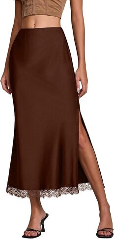 Skirts for Women Midi Length Lace Trim High Waisted Split A-Line Skirt Elegant Party Cocktail Outfit in Saudi Arabia