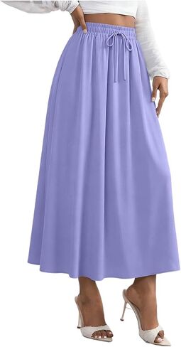 Women's Flowy Maxi Skirt Summer Pleated Work Skirts Elastic High Waisted Casual Long Skirt Trendy A Line Flowy Skirts in Kuwait