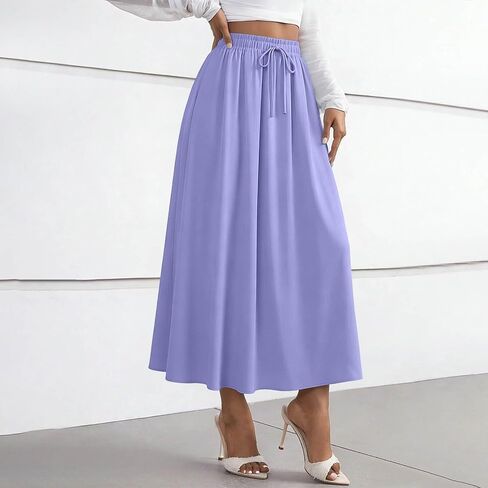 Women's Flowy Maxi Skirt Summer Pleated Work Skirts Elastic High Waisted Casual Long Skirt Trendy A Line Flowy Skirts in Kuwait