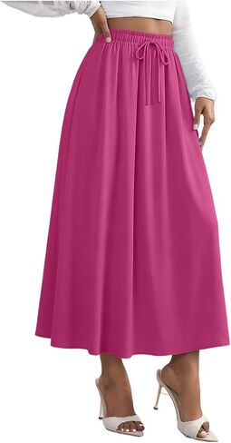 Women's Flowy Maxi Skirt Summer Pleated Work Skirts Elastic High Waisted Casual Long Skirt Trendy A Line Flowy Skirts in Kuwait