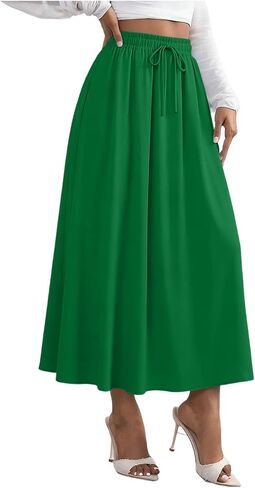Women's Flowy Maxi Skirt Summer Pleated Work Skirts Elastic High Waisted Casual Long Skirt Trendy A Line Flowy Skirts in Kuwait