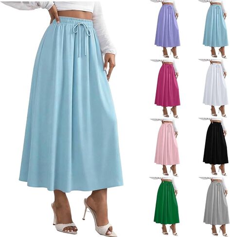 Women's Flowy Maxi Skirt Summer Pleated Work Skirts Elastic High Waisted Casual Long Skirt Trendy A Line Flowy Skirts in Kuwait
