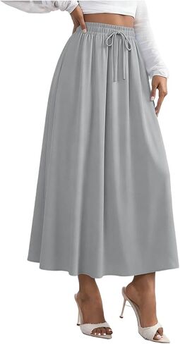 Women's Flowy Maxi Skirt Summer Pleated Work Skirts Elastic High Waisted Casual Long Skirt Trendy A Line Flowy Skirts in Kuwait