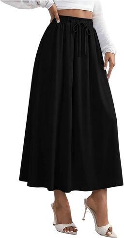 Women's Flowy Maxi Skirt Summer Pleated Work Skirts Elastic High Waisted Casual Long Skirt Trendy A Line Flowy Skirts in Kuwait