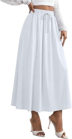 Women's Flowy Maxi Skirt Summer Pleated Work Skirts Elastic High Waisted Casual Long Skirt Trendy A Line Flowy Skirts in Kuwait