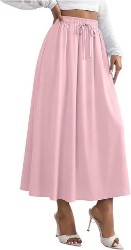 Women's Flowy Maxi Skirt Summer Pleated Work Skirts Elastic High Waisted Casual Long Skirt Trendy A Line Flowy Skirts in Kuwait