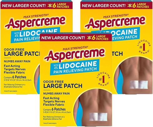 Aspercreme Lidocaine Pain Relief Patch for Back, Neck & Shoulder Pain, Topical Patches with Max-Strength 4% Lidocaine & Flexible Fabric Numbs Away Pain, 6 Ct., 3 Pack in Kuwait