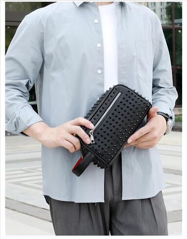Unisex Studded Faux Leather Clutch Bag, Black and Red | Metal Spikes, Fashion Crossbody, Zipper in Kuwait