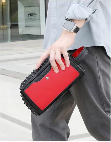 Unisex Studded Faux Leather Clutch Bag, Black and Red | Metal Spikes, Fashion Crossbody, Zipper in Kuwait