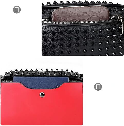 Unisex Studded Faux Leather Clutch Bag, Black and Red | Metal Spikes, Fashion Crossbody, Zipper in Kuwait