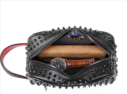 Unisex Studded Faux Leather Clutch Bag, Black and Red | Metal Spikes, Fashion Crossbody, Zipper in Kuwait