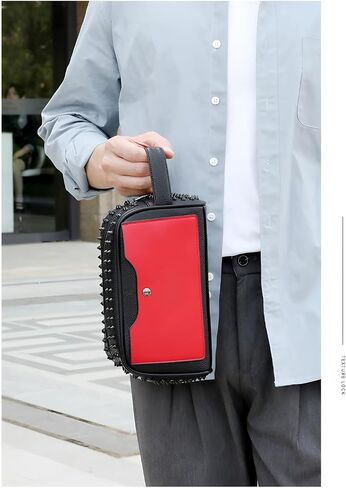 Unisex Studded Faux Leather Clutch Bag, Black and Red | Metal Spikes, Fashion Crossbody, Zipper in Kuwait