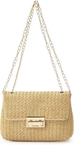 Woven Straw Purse Summer Clutch, Gold Chain, Flap with Turn-Lock Closure in Saudi Arabia